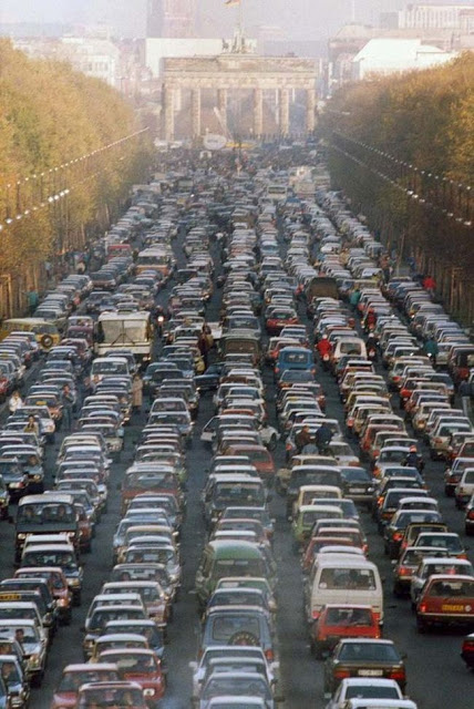 Traffic A traffic jam in Berlin, 1989, as the border between East and West Germany opens.